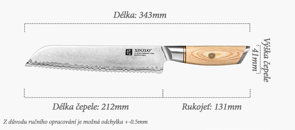 Rozměry nože na pečivo XinZuo Lan B37S 8.5